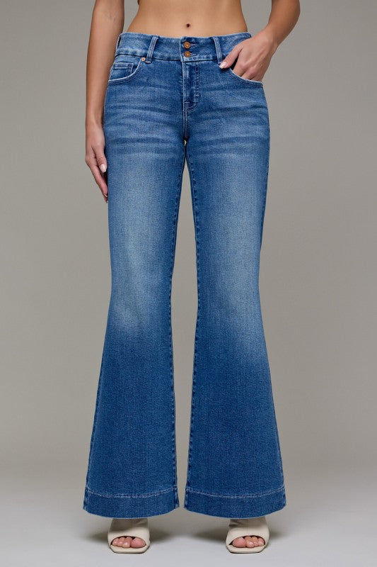Hidden Dark Low Rise Flare With Double Button