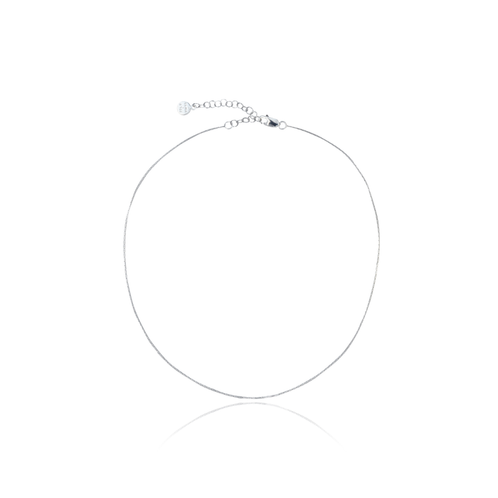 A delicate silver necklace with multiple adjustable loops, displayed on a white background.