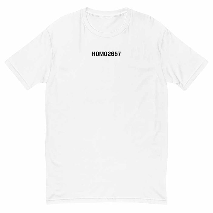 White t-shirt with 'HOMO2657' text on a white background