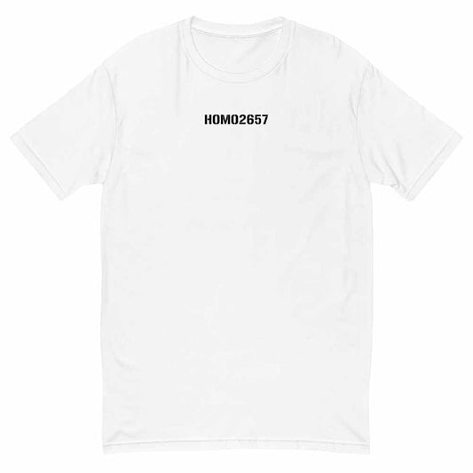 White t-shirt with 'HOMO2657' text on a white background