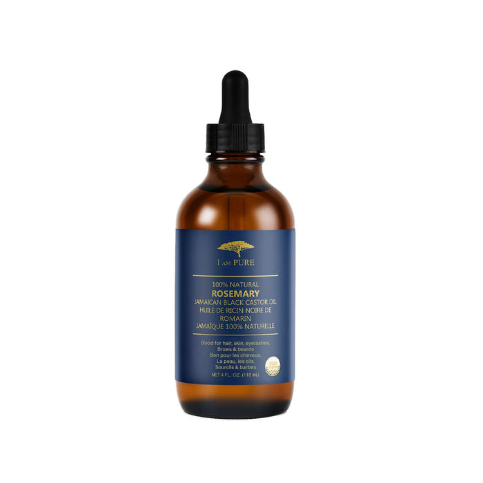 I AM PURE Jamaican black castor oil with rosemary in amber dropper bottle for hair care