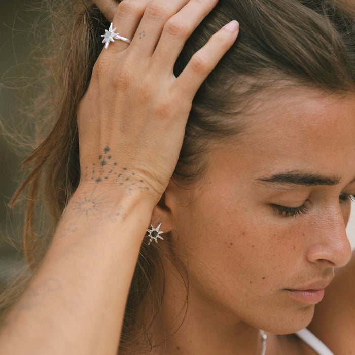 Handmade Luna & Rose x Tahnee Kelland ‘I Told You About the Stars’ silver ring, featuring celestial star details and labradorite stones, crafted in Bali. Side view