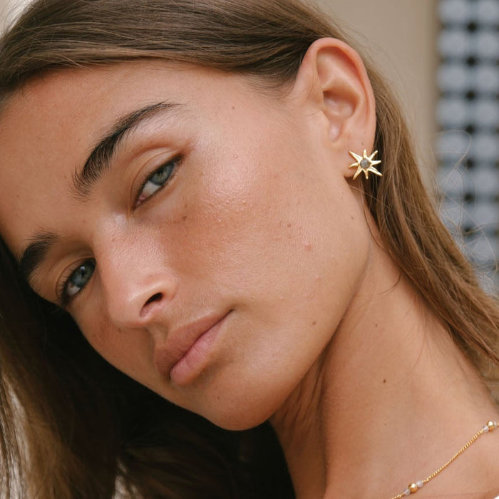 Luna & Rose x Tahnee Kelland ‘I Told You About the Stars’ gold earrings, matching star design with labradorite accents, handmade in Bali.
