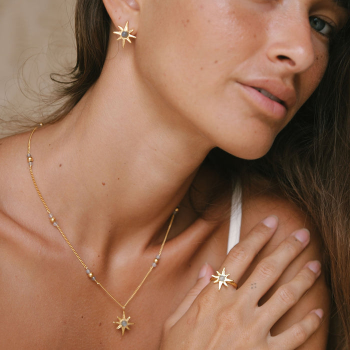 Luna & Rose x Tahnee Kelland ‘I Told You About the Stars’ gold earrings, matching star design with labradorite accents, handmade in Bali model wearing