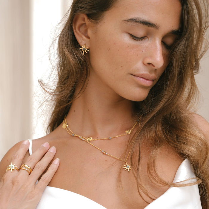 Luna & Rose x Tahnee Kelland ‘I Told You About the Stars’ gold earrings, matching star design with labradorite accents, handmade in Bali model set.