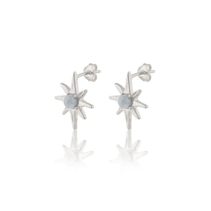 Handmade Luna & Rose x Tahnee Kelland ‘I Told You About the Stars’ silver earrings, star-inspired design with labradorite gemstones, crafted in Bali.