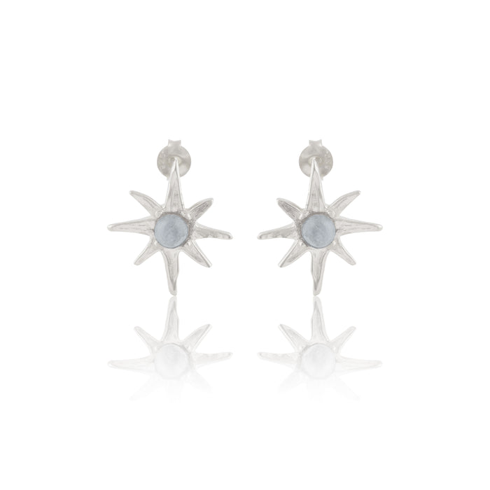 Front Angle. Handmade Luna & Rose x Tahnee Kelland ‘I Told You About the Stars’ silver earrings, star-inspired design with labradorite gemstones, crafted in Bali.