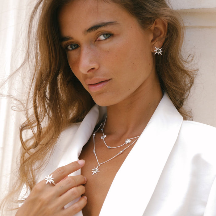 Handmade Luna & Rose x Tahnee Kelland ‘I Told You About the Stars’ silver earrings, star-inspired design with labradorite gemstones, crafted in Bali layered.