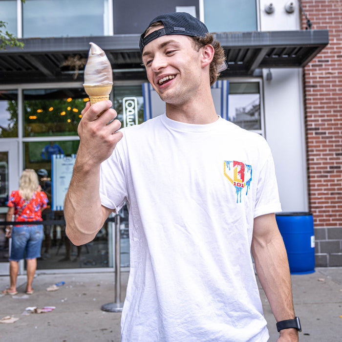 Adult model wearing white Ice Cream USA graphic tee