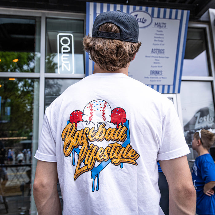 Adult model wearing white Ice Cream USA graphic tee