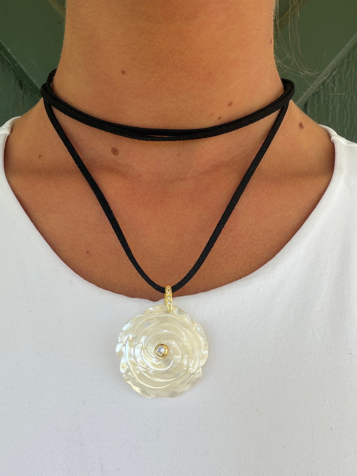 Ivory Bloom Carved White Flower Statement Wrap Necklace – Faux Mother of Pearl