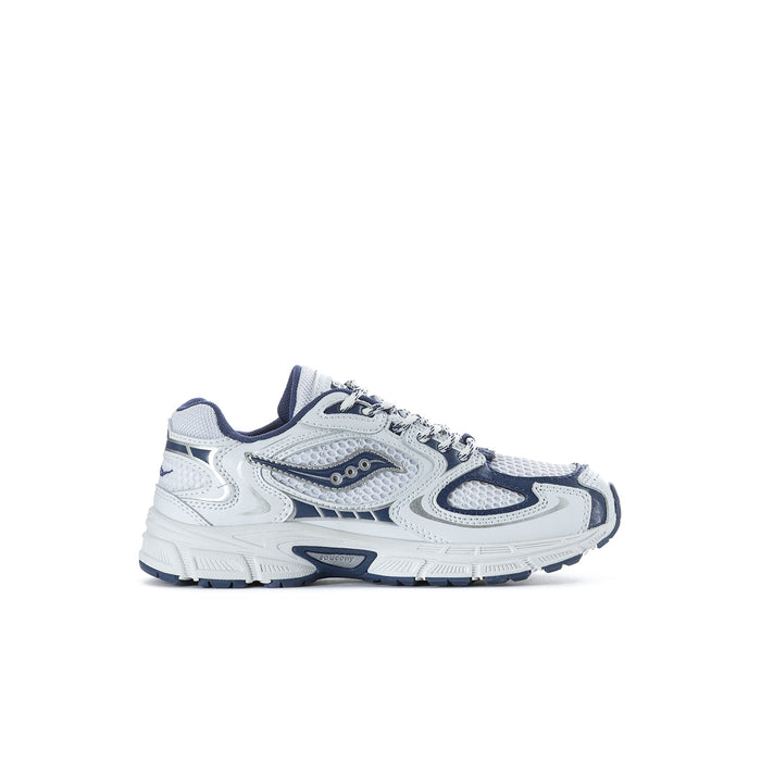 Kids lace-up running shoes in white and navy, side logo and textured sole
