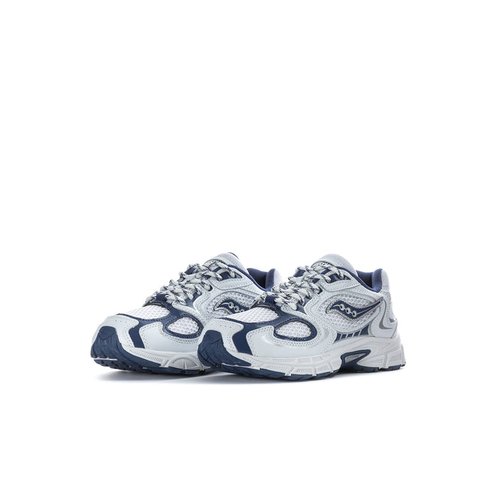 Kids lace-up running shoes, angled view with white uppers and navy accents