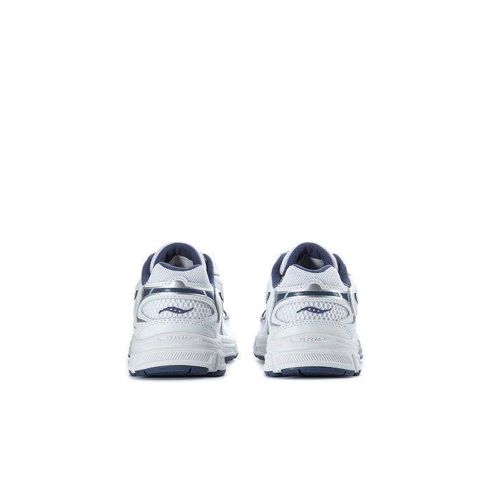 Kids lace-up shoes, rear view with navy heel tabs and white cushioning