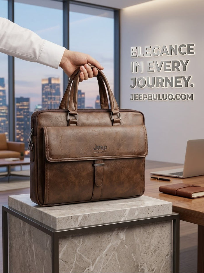Jeep Buluo brown leather briefcase held by man in office - Elegance in Every Journey