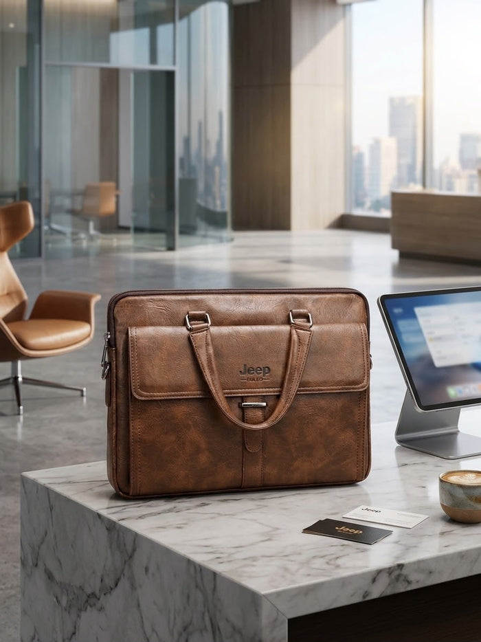 Jeep Buluo brown leather briefcase on marble surface in luxury office