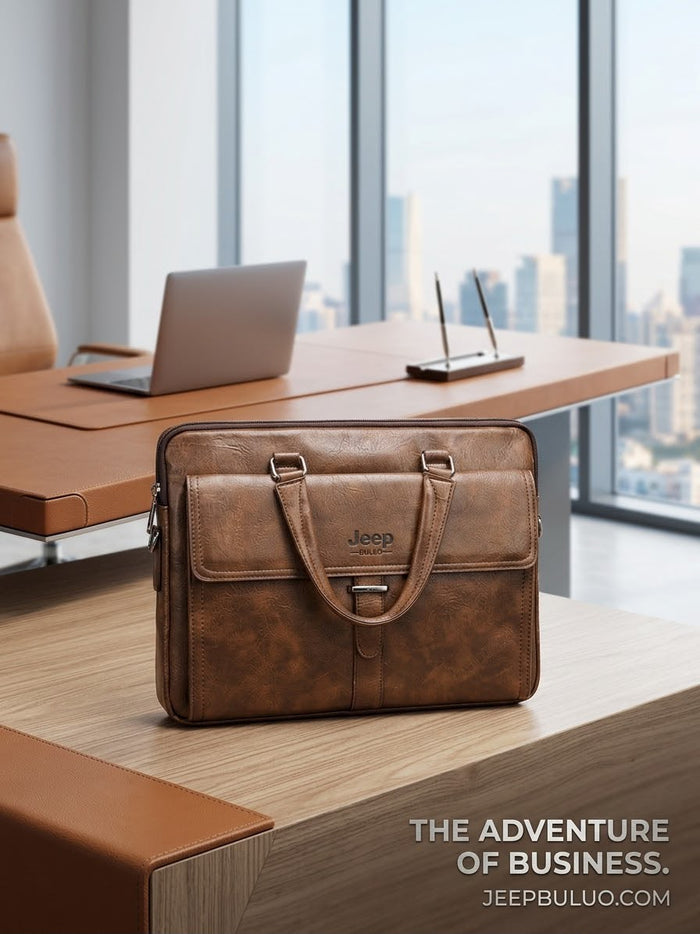 Jeep Buluo brown leather briefcase on executive desk - The Adventure of Business