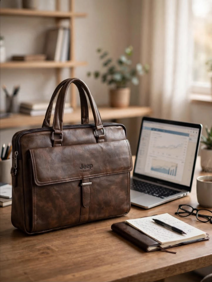 Jeep Buluo brown leather briefcase on wooden desk with laptop