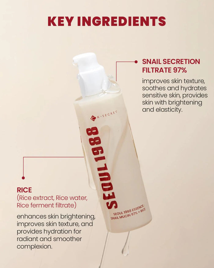 K SECRET SEOUL 1988 Essence Snail Mucin 97% + Rice اسنس البشرة بالحلزون والارز من كي سيكرت