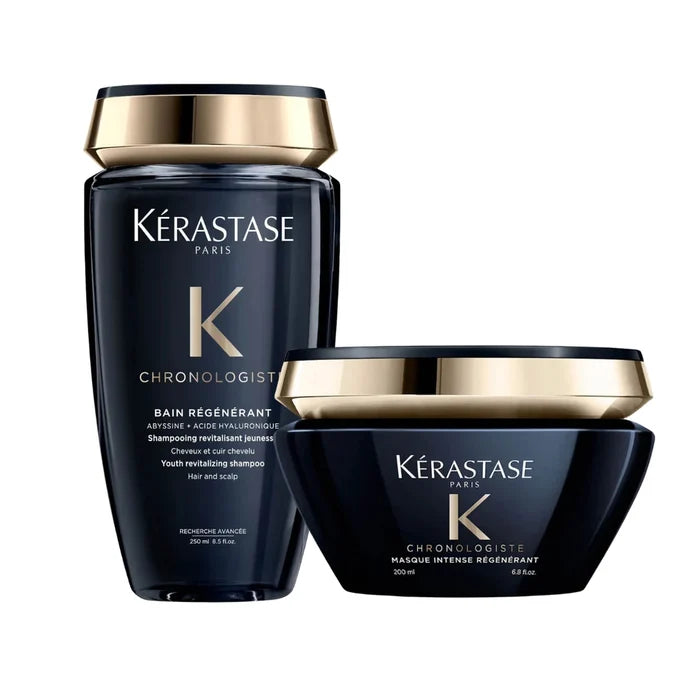 Kérastase Chronologiste haircare products, featuring a black and gold bottle of shampoo and a matching jar of conditioner.