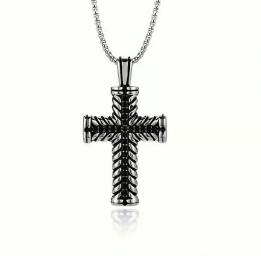 Kestrel Men's Stainless Steel Cross with Black Cubic Zirconia