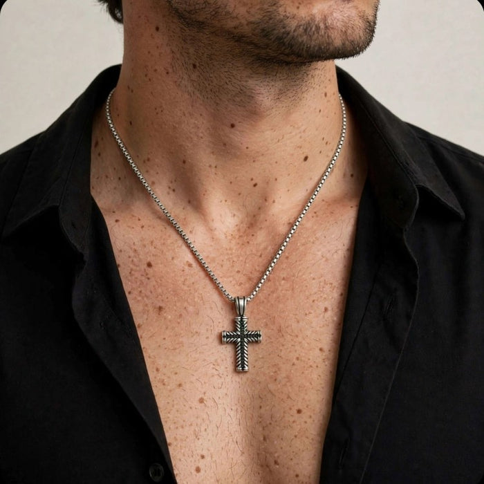 Kestrel Men's Stainless Steel Cross with Black Cubic Zirconia