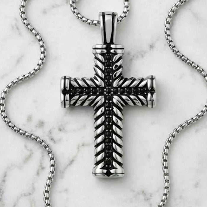 Kestrel Men's Stainless Steel Cross with Black Cubic Zirconia