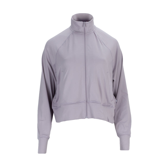 Women's knit zip-front jacket in violet, stand collar, full zipper, ribbed cuffs