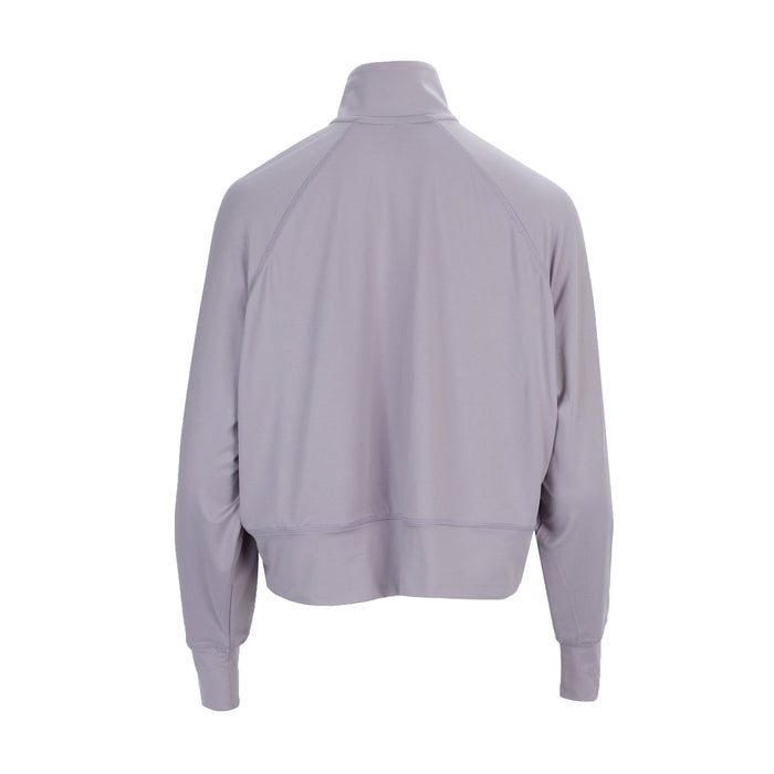 Women's knit zip-front jacket back view, stand collar, full zipper, ribbed hem and cuffs