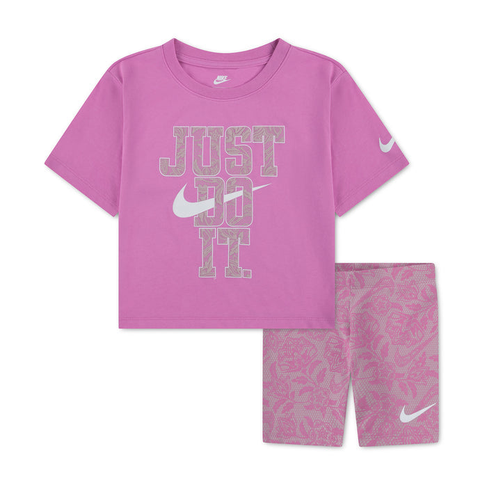 Kids light magenta graphic T-shirt and patterned bike shorts set, short sleeves
