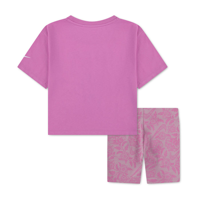 Kids light magenta T-shirt back and matching patterned bike shorts, crew neck