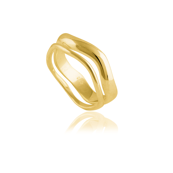 A gold ring with a fluid, intertwined design on a white background.
