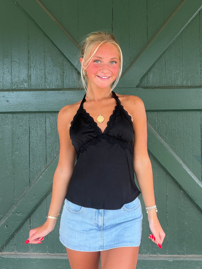 Lanie Lace Trim Silky Halter Crop Top -Black