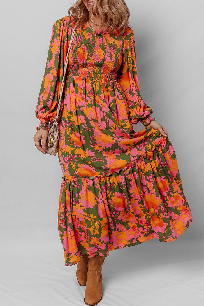 Little Daisy Closet floral smocked long dress with puff sleeves and ruffled details, perfect for a stylish, feminine look.