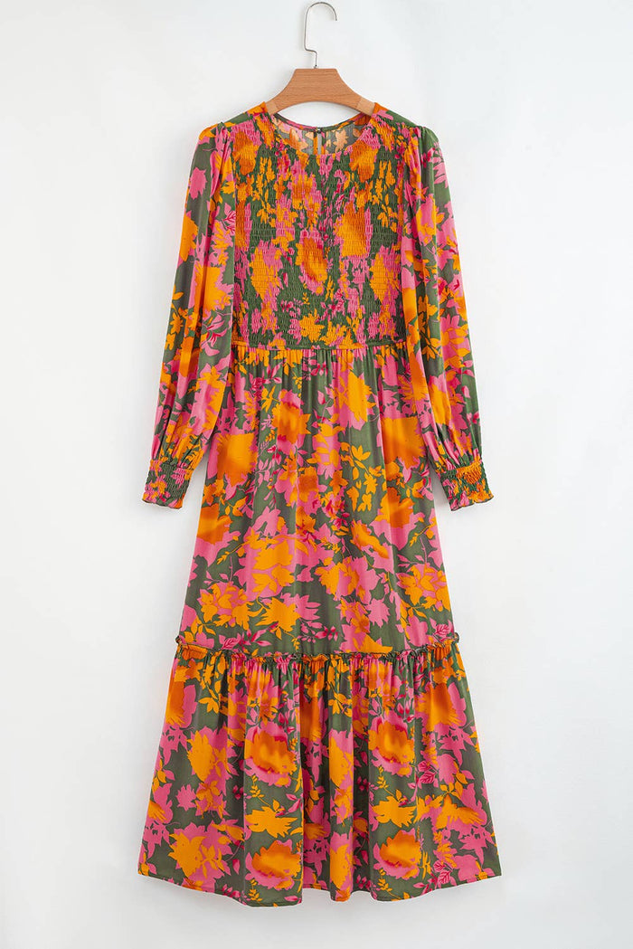 Little Daisy Closet floral smocked puff sleeve ruffled long dress with a fitted bodice and flowing skirt, perfect for spring or summer.