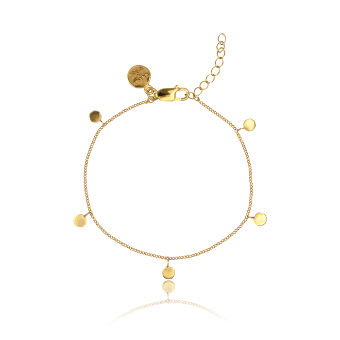 A gold bracelet with small circular charms and an adjustable clasp, displayed on a white background.
