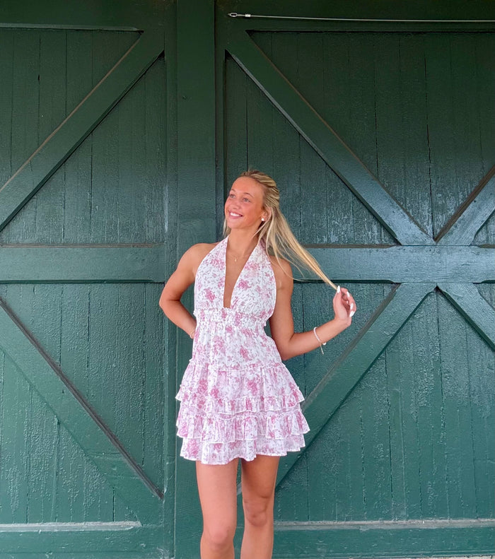 Lila Pink Hydrangea Floral Halter Ruffle Mini Dress