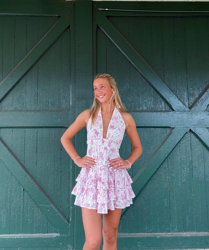 Lila Pink Hydrangea Floral Halter Ruffle Mini Dress