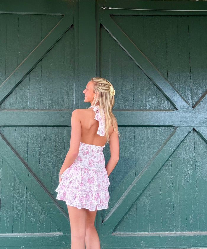 Lila Pink Hydrangea Floral Halter Ruffle Mini Dress