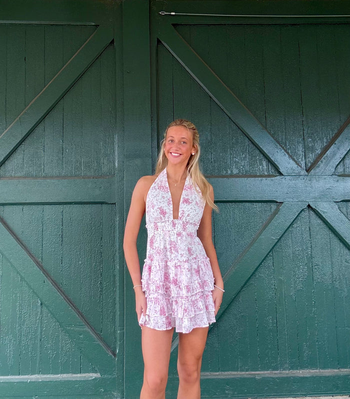 Lila Pink Hydrangea Floral Halter Ruffle Mini Dress