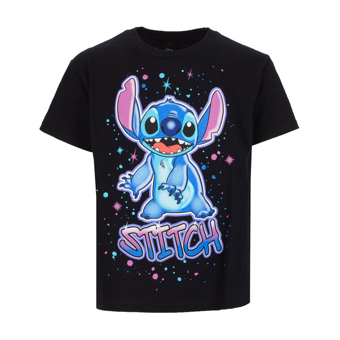 Youth black T-shirt with Stitch character graphic front