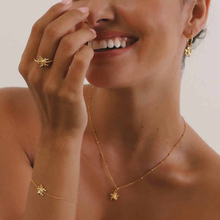 Woman wearing gold jewelry including a necklace, bracelet, and ring on a neutral background
