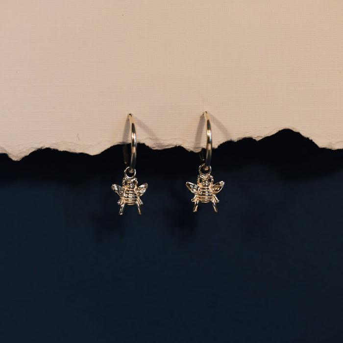 Pair of silver fairy earrings on a beige and black background
