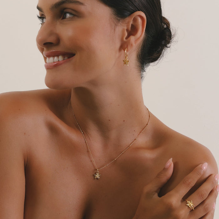 Woman wearing gold jewelry including earrings, necklace, bracelet, and ring on a plain background