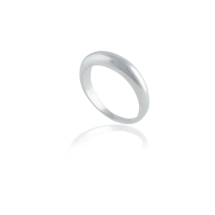 A silver ring with a polished finish, displayed on a white background.