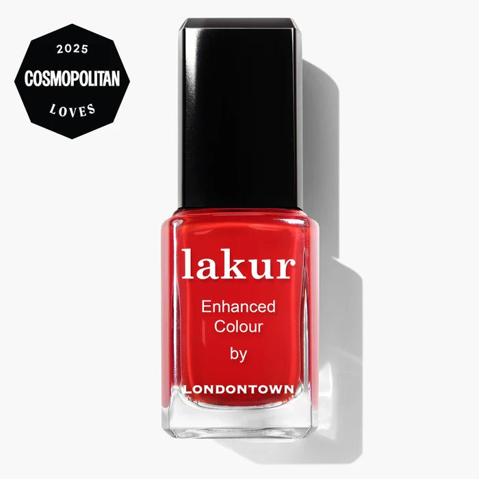 A bottle of LONDONTOWN Lakur Enhanced Colour nail polish in the bright red shade "Londoner Love," featuring a cruelty-free formula and displaying a 2025 Cosmopolitan Loves award badge in the corner.