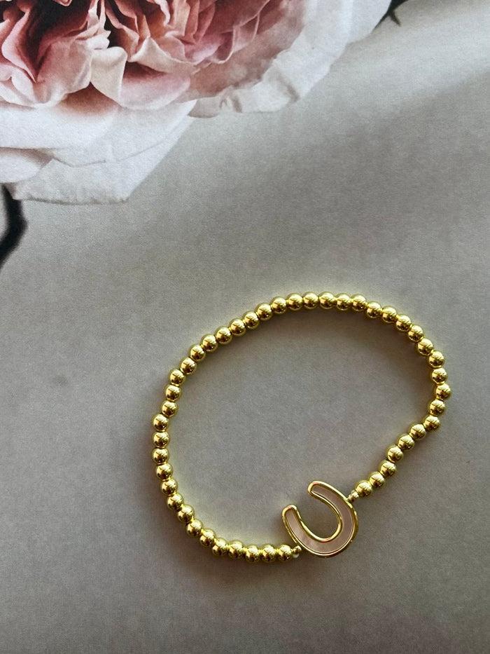 Lucky Charm White Enamel Horseshoe Bracelet – Gold Bead Stretch Bracelet