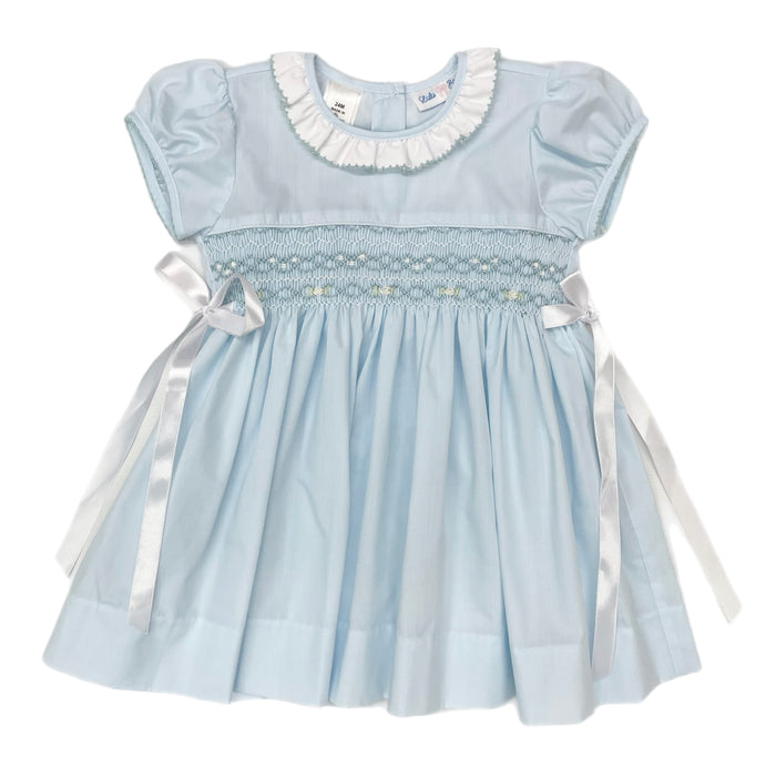 Lulu Bebe Blue Smocked S/S Dress w/ Ribbon Ties