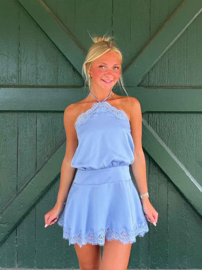 Luna Luxe Halter Dress-Cornsilk Blue