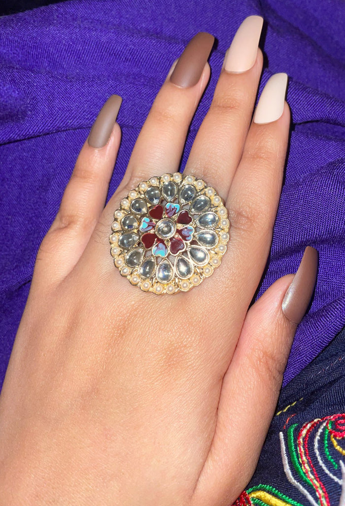 Luxury Fashion Statement Kundan Pearl Flower Big Adjustable Traditional Finger Ring For Women